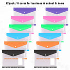 12pcs Six-Color File Organizer, 11-Hole Plastic Expanding Folder for 2/3/4 Ring Binders with Snap Closures and Blank Labels.