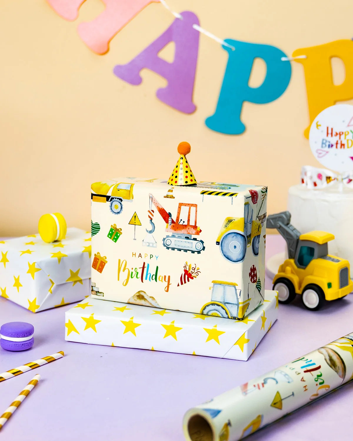 Construction Birthday Wrapping Paper - 43cm x 10m - Reversible Tractor Happy Birthday Script & Star Design Gift Wrap Mini Roll