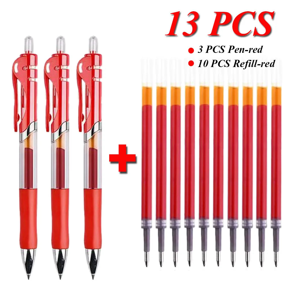 13Pcs Set Ballpen Retractable Gel Pens Black Red Blue Ink 0.5mm Ballpoint Replaceable Refills Office School Supplies Stationery