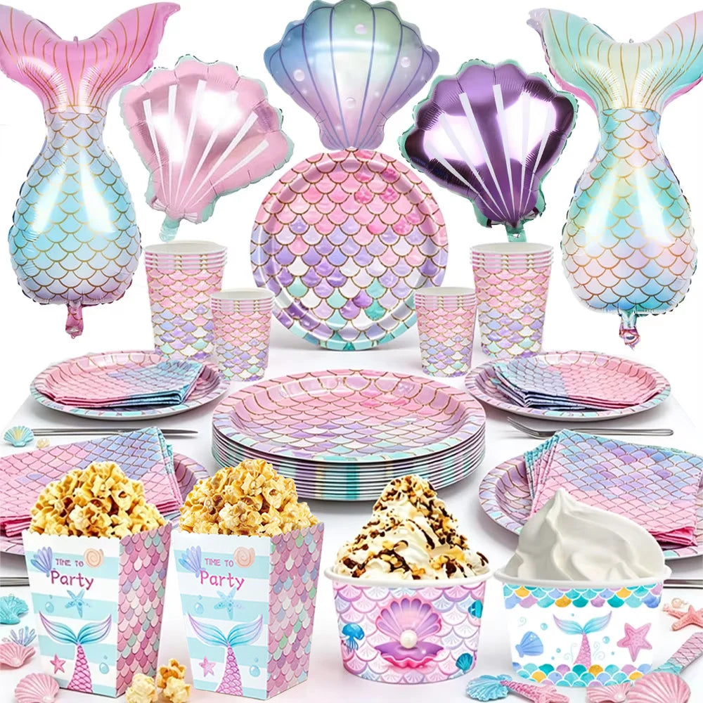 Mermaid Party Supplies Mermaid Scales Pattern Paper Plate Cup Napkin Popcorn Box Food Bowl Girl Birthday Party Baby Shower Decor