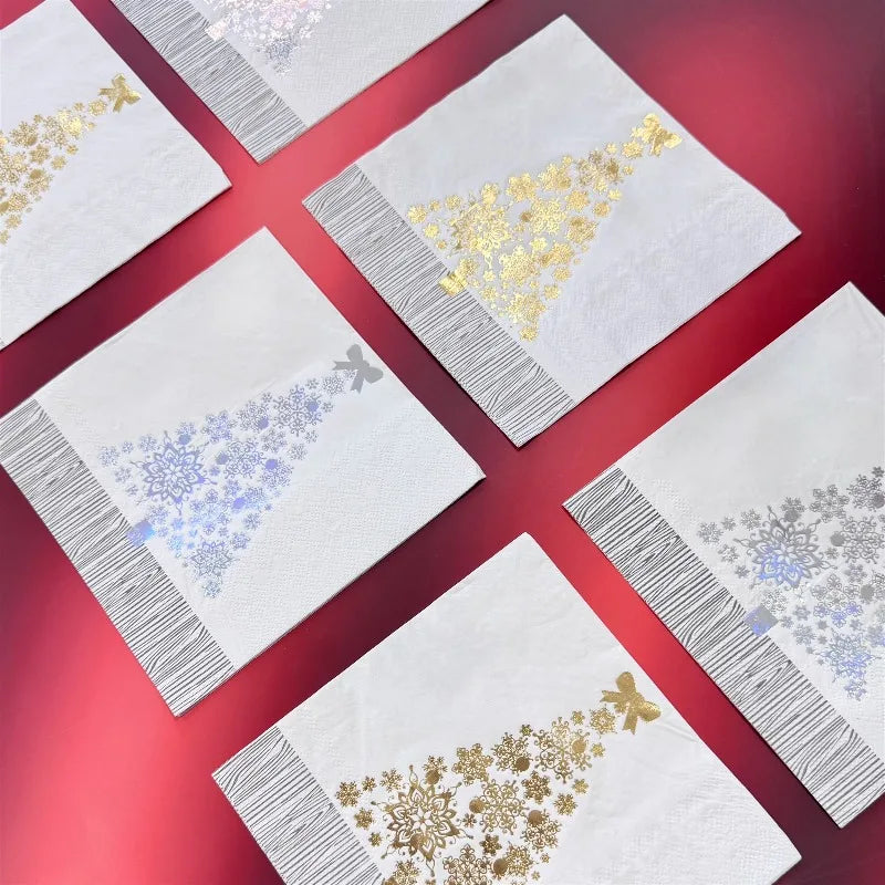 16pcs 33 * 33cm 2Layer Hot Selling Hot Stamped White Christmas Tree Napkins Christmas Disposable Table Mat DIY Decoupage Paper