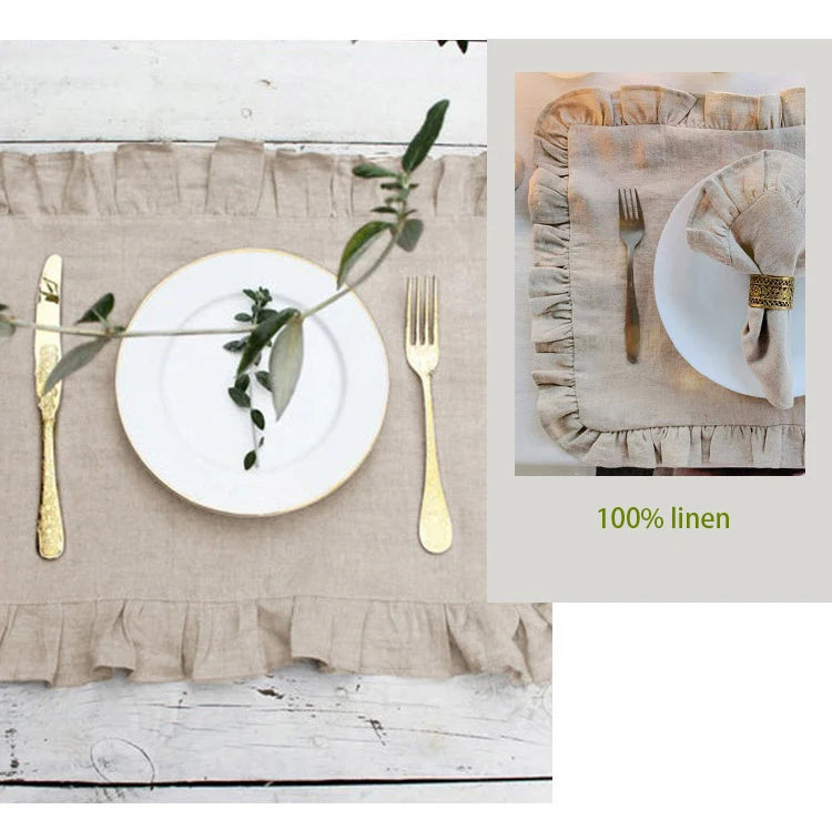1 Pcs 100% Linen Napkins Wedding Dinner Solid Color Flounce Placemats Ruffle Edge Classical Custom Home Table Napkin
