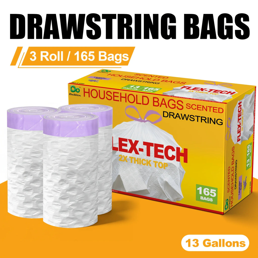 13 Gallon Lavender Scented Drawstring Trash Bags, Odor Neutralizing Household Garbage Bags, Flex-Tech 2X Reinforced Thick Top Ki