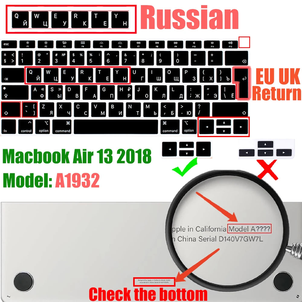 Russian Layout MacBook Pro Keyboard Cover 14" 16" M4 M3 M2 M1 Pro, MacBook Air 15" 13.6" M3 M2 Silicone Skin, US/EU Version