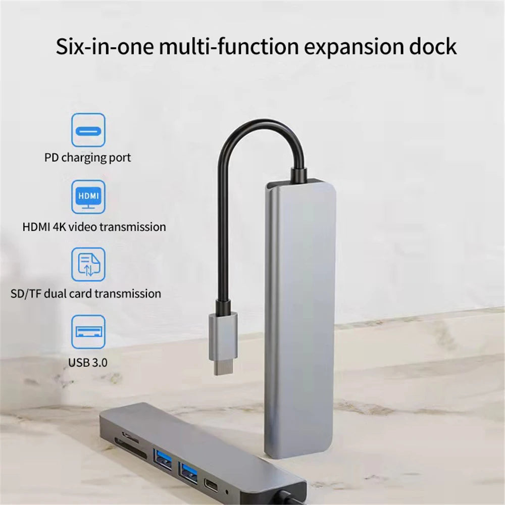 6 in 1 USB C Hubs Type C 3.0 Adapter to 4K HDMI SD TF Card PD Fast Charge Splitter USB Docking Stations Hub for MacBook Computer