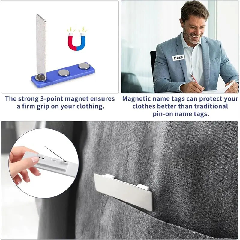 Name Badges Magnet 12Pack- For Clothing ID Holder With 3-Point Self-Adhesive Magnets(75 X 30Mm), Name Plate Included