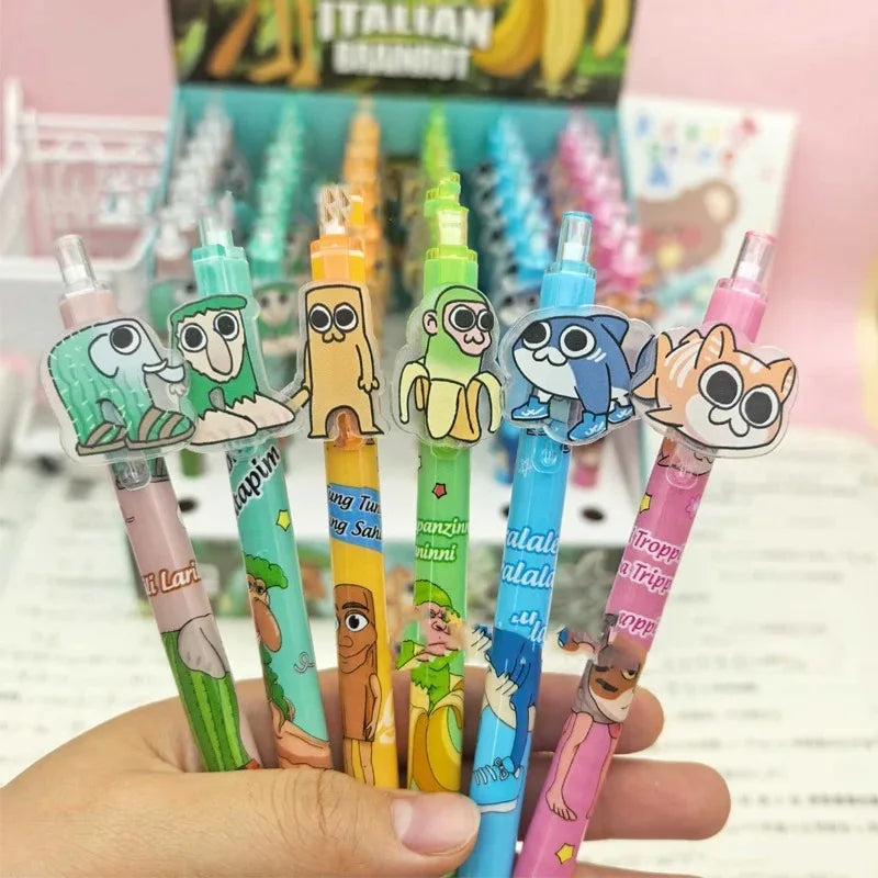 6pcs AI Brainrot Press Pen Set 0.5mm Black Gel Pens Kawaii Stationery Cartoon Anime Derivative Peripherals School Office Supplie