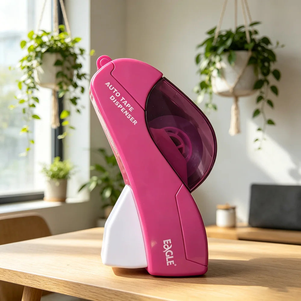 Handheld Tape Dispenser, Pink Auto Tape Cutter with 1 Roll Tape, Fits 12mm/19mm Tape, Portable Tape Holder for Office, School, D