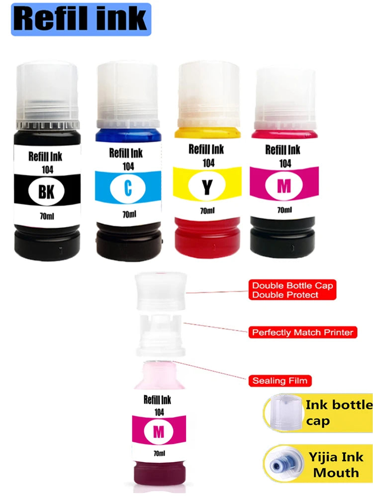 104 Refill Dye Ink For Epson Eco Tank L1110 L3100 L3110 L3111 L3116 L3150 L3151 L3156 L3160 5190 Desktop Printer