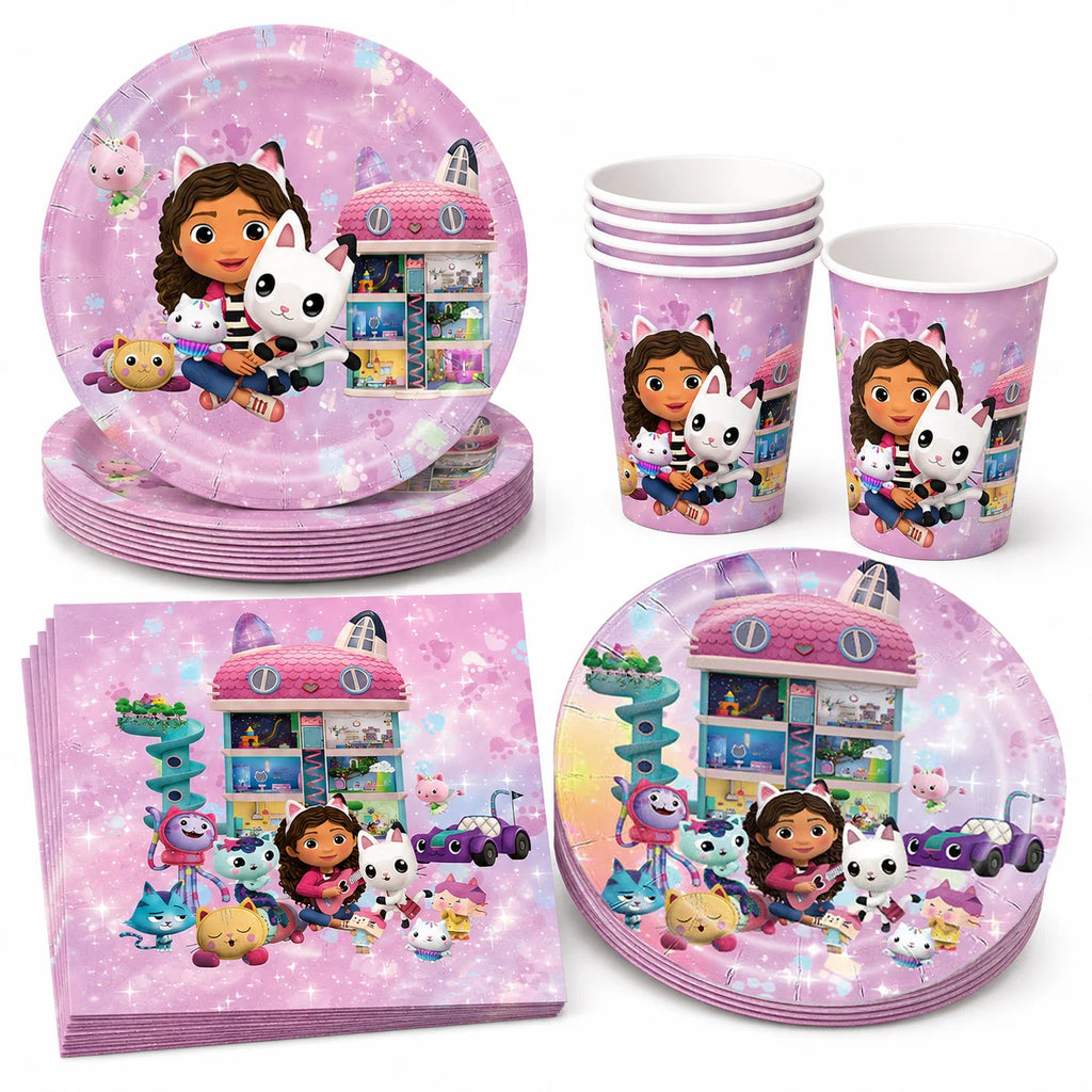 50-1pcs Gabby Dollhouse Birthday Party Plates Cups Napkins Cat Girls Disposable Tableware Kids Happy Birthday Decor Supplies