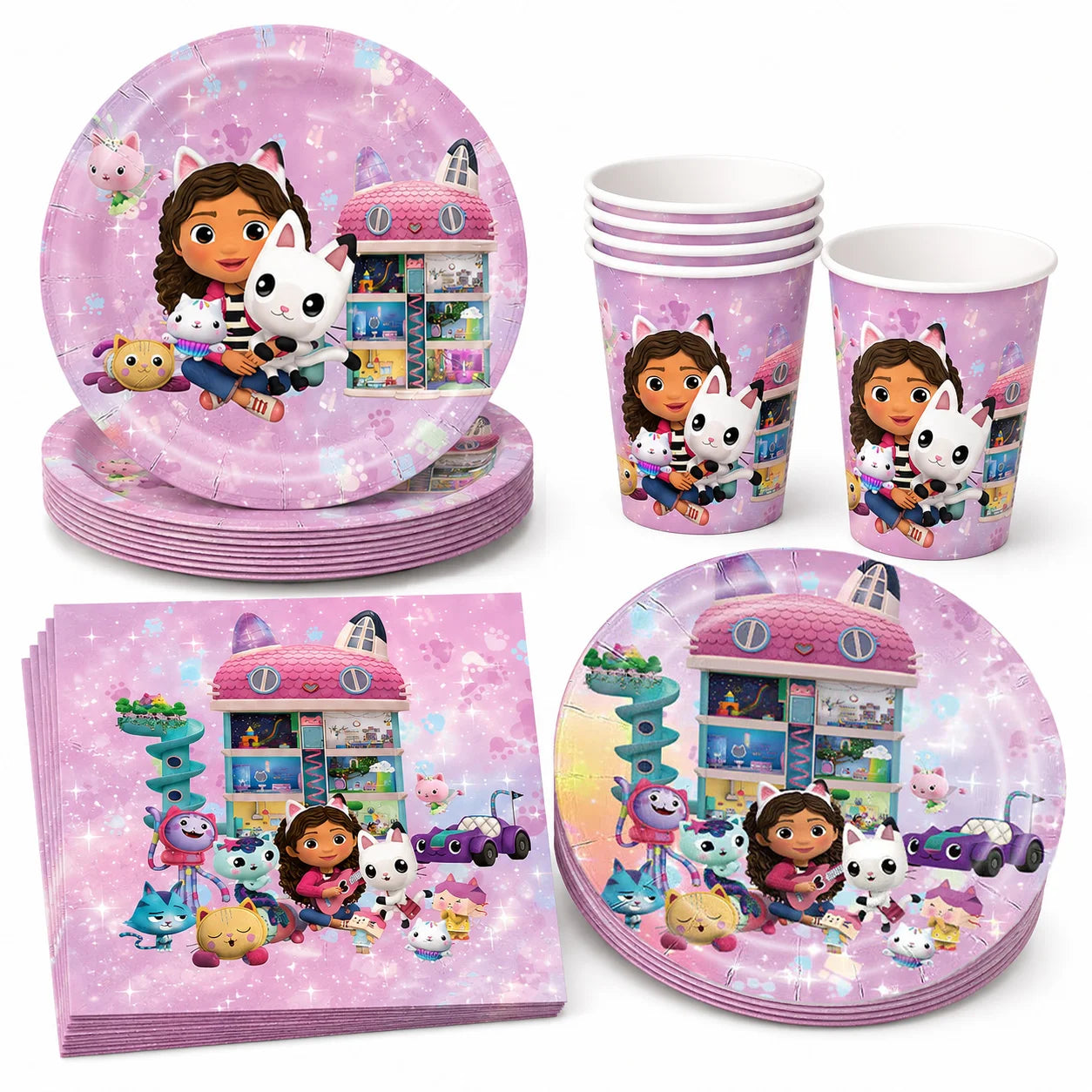 50-1pcs Gabby Dollhouse Birthday Party Plates Cups Napkins Cat Girls Disposable Tableware Kids Happy Birthday Decor Supplies