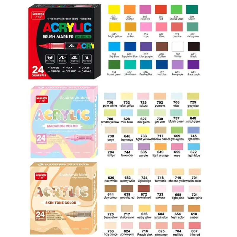 GuangNa 12/360/408 Colors Acrylic Paint Pen Markers Acrylic Skin Color Brush Tip Paint Marker for Wood Rock Painting Canvas Gift