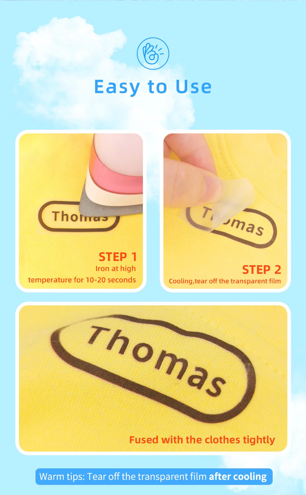 Custom Clothes Ironing Name Sticker Personalized Washable Stickers  Heat Transfer Labels on Fabric Clothing Babysuit Tags