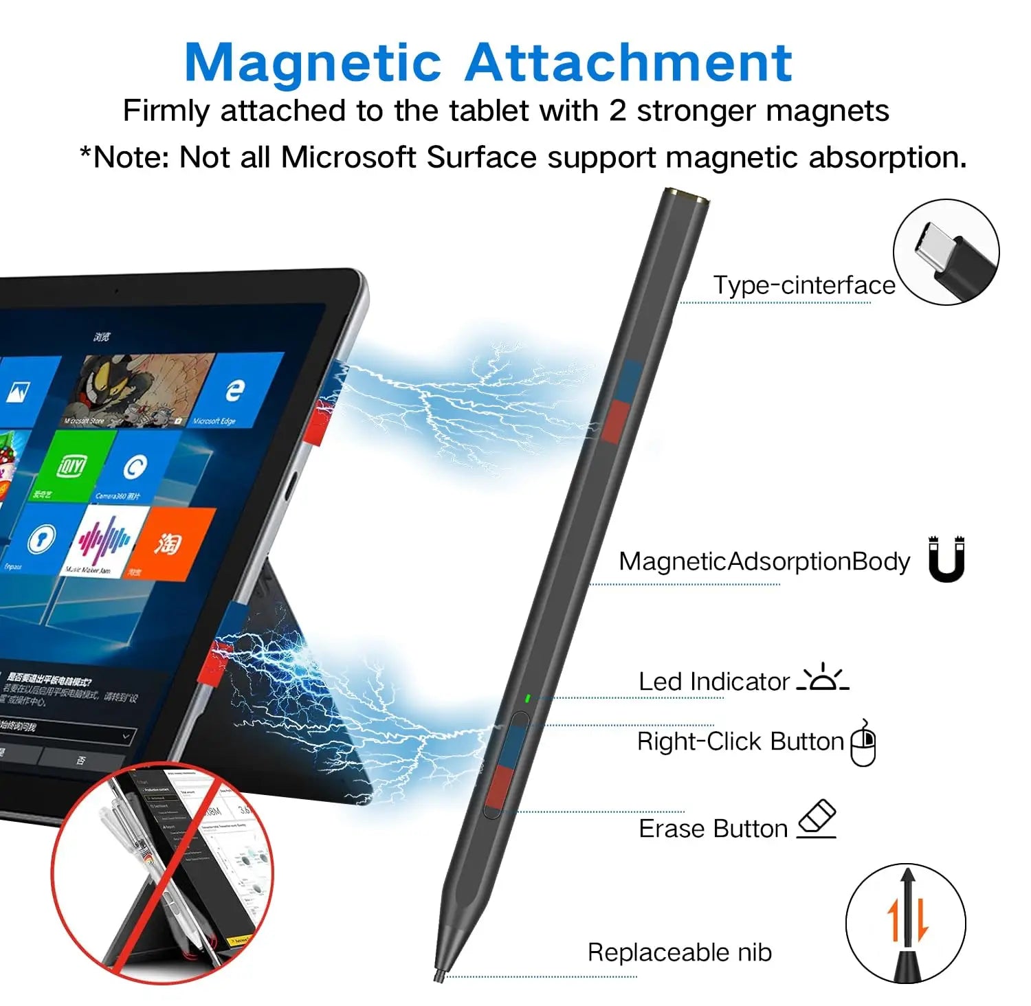 Stylus Pen for Microsoft Surface 4096 Pressure Sensitivity Eraser Side Button Compatible with Surface Pro 11/10/9/8/7/7+/6/5