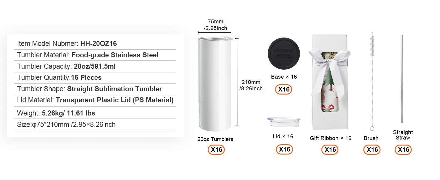 SucceBuy 8/12/14/16/24/50PC Straight Sublimation Tumblers Blank Tumbler Bulk Stainless Steel Double Tumbler Cups Heat Transfer