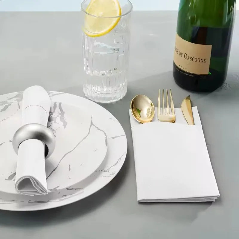 25/50PCS White Prefolded Paper Napkins Built-in Flatware Pocket Disposable Dinner Paper Napkins Christmas Wedding Party Supplies