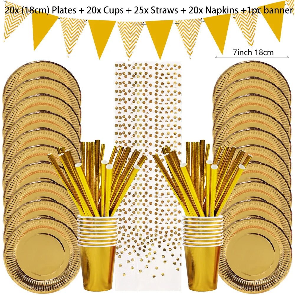 Gold Party Disposable Tableware Set Paper Plates Cups Napkins for Birthday Wedding Bachelorette Party Decoration Baby Shower