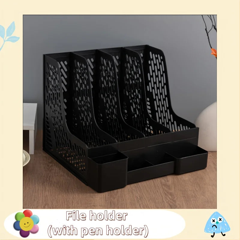 Multi-Layer A4 Document Holder Rack, PP Material Desk Organizer with Storage Box and Bookshelf for Office Supplies, File Rack