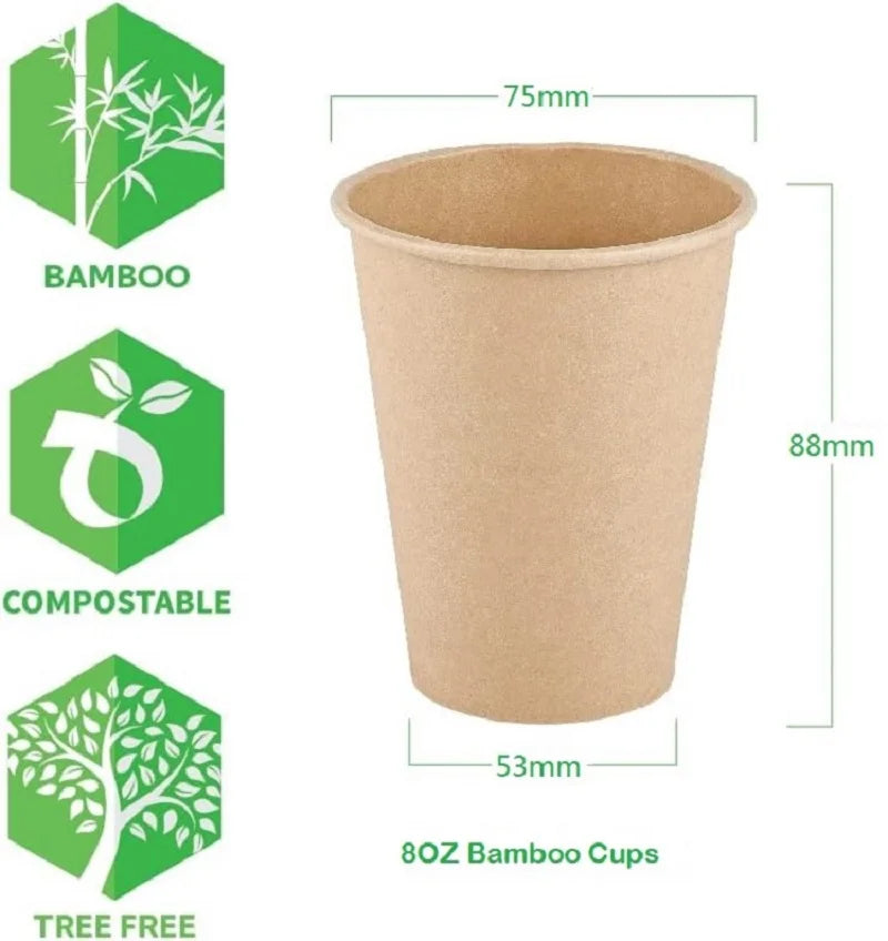 8 oz Bamboo Fiber Paper Cups Brown Kraft Disposable Coffee Cups Unbleached Cups for Hot/Cold Beverage Party Picnic Travel Events