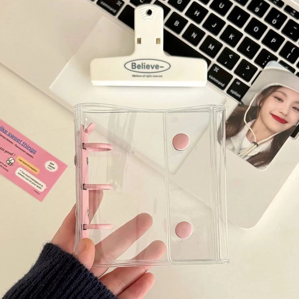 Mini Transparent 3 Ring Binder Covers, Beaded Storage Soft Notebook Closure Loose Leaf Folder Round Ring Cover Protector Button
