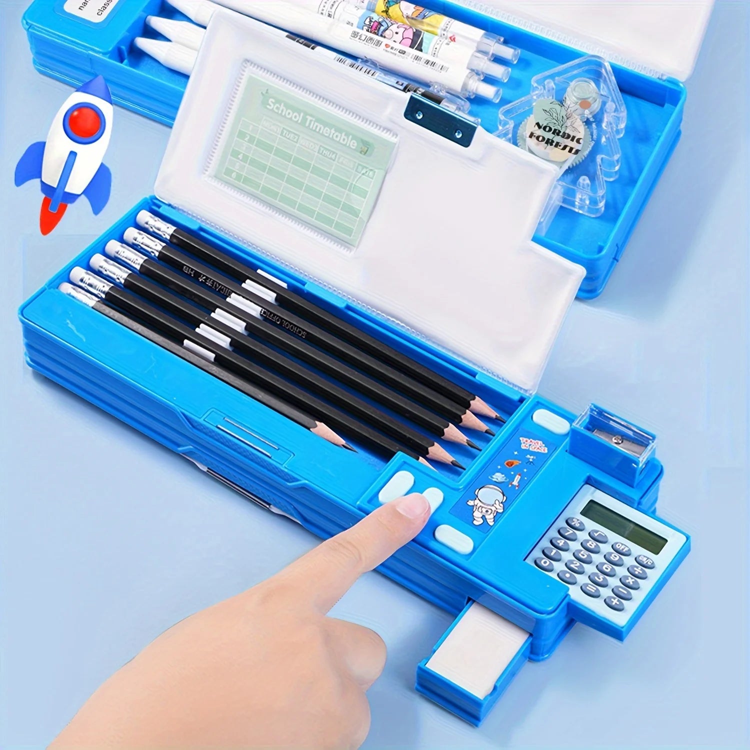 Kids Multifunctional Pencil Case with Calculator, Desk Organizer for Pens, Pencils, Markers, Office Supplies, Pink and Purple De
