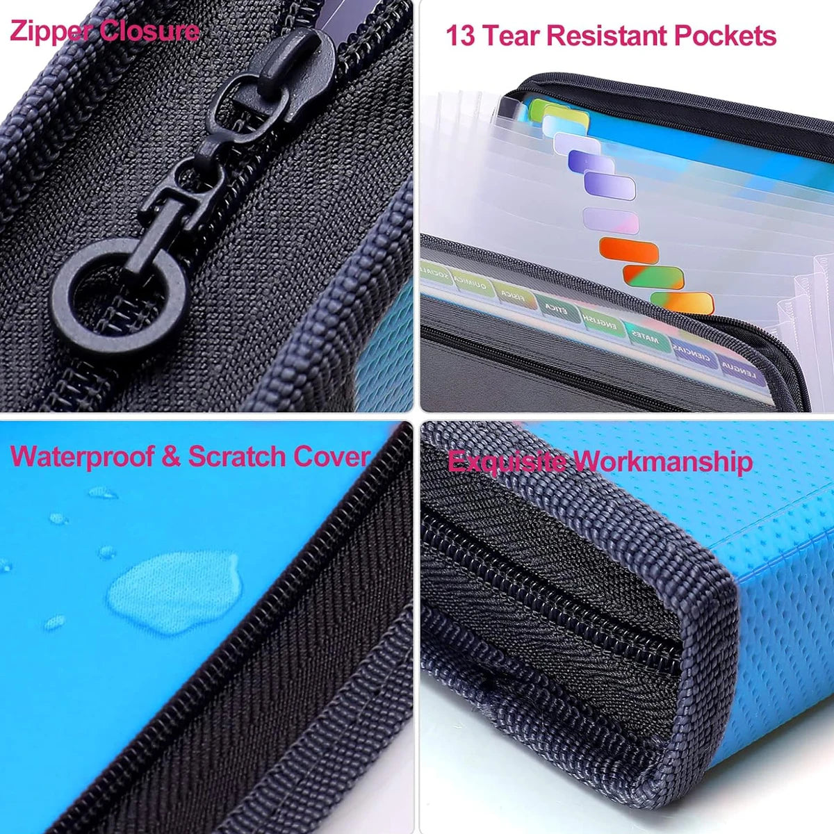 Accordion File Organizer with Safe Zipper, 13 Pocket Expanding File Folder with Front Pencil Pouch, School Office Supplies