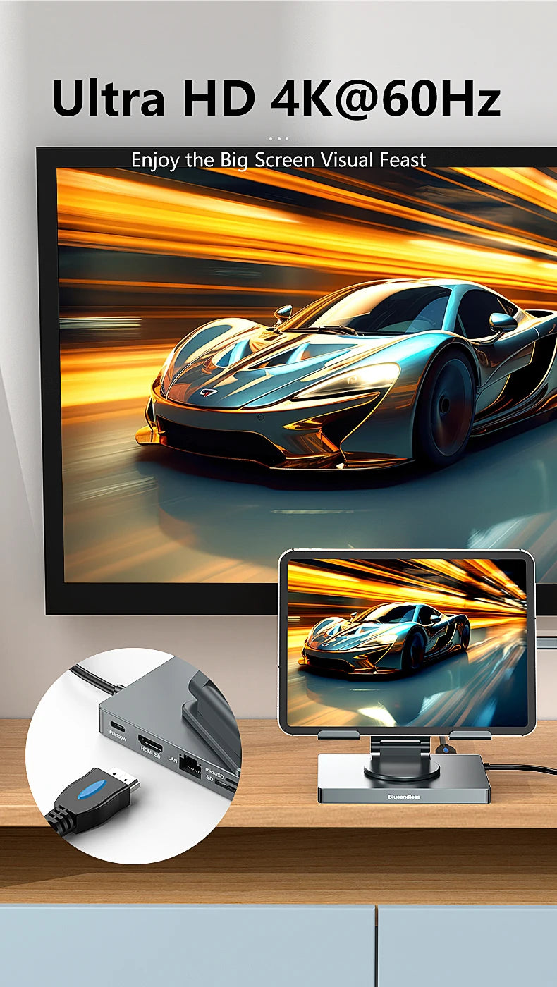 Blueendless Ipad Stand USB C Hub 4K 60HZ HD Type-C 100W PD SD/TF Slot Reader USB 3.0 5Gbps 9 In 1 Type-C Hub Ipad Holder