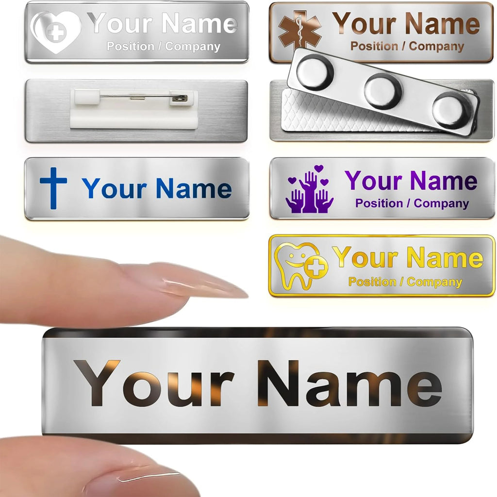 Custom Name Badge Engraved Personalized Name Plate Stainless Steel Custom Name Tag with Magnetic Pin Back Pin Clip