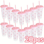 2/20pcs 24oz Reusable Party Cups with Straw & Lid Cute Bow Plastic Tumblers for Cold Drinks Home Office Outdoor Use Summer Gift