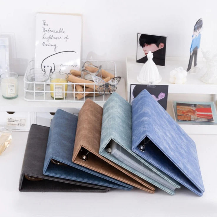 A5 Denim-Style D-Ring 3-Ring Binder – Expandable 80-100 Pages, PU Leather Photo/Card Organizer with Multi-Pocket PP Inserts