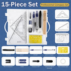 15-Piece Geometric Drawing Set – High-Quality Compass Set, Practical Math Tool Kit, Professional School Drafting Tools.