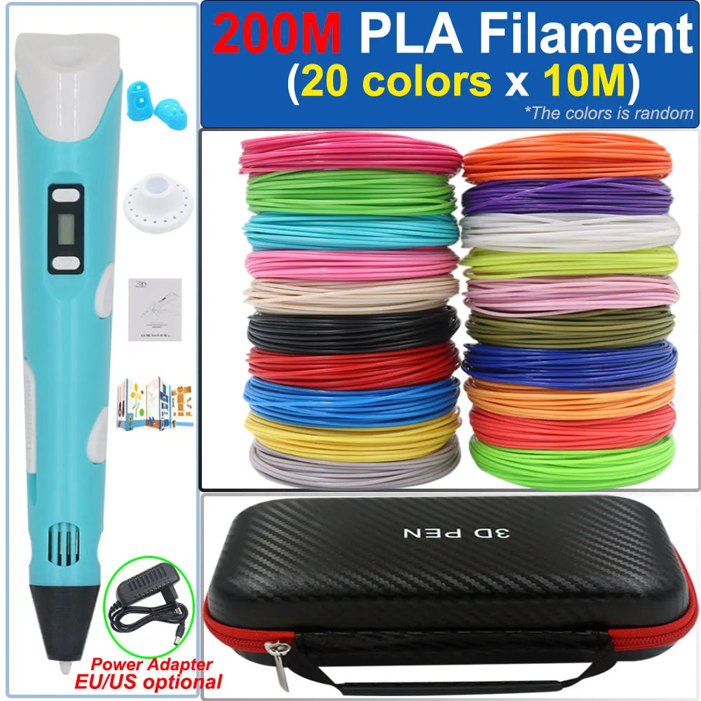 Children's 3D Pen 3D Drawing Printing Pen with LCD Screen Power Adapter 200M PLA Filament Toy Kids Christmas Birthday DIY Gift