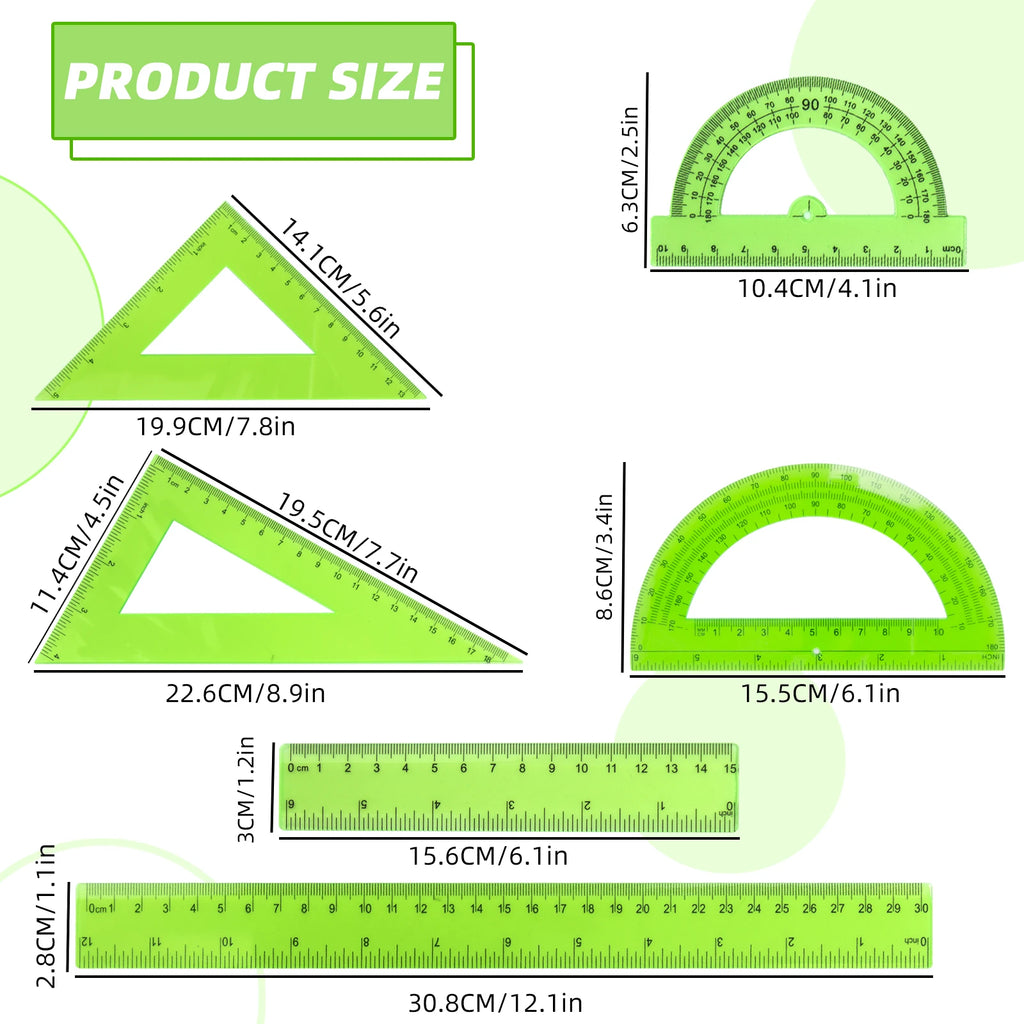 30cm Ruler Set - 6-Piece Measuring and Drawing Kit with Straight Ruler, Protractor, and Triangle Set