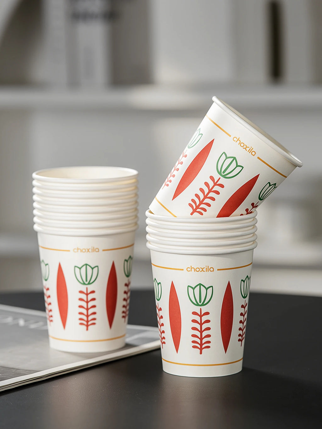 25/50/100pcs 9oz Bohemian Folk Floral Print Disposable Paper Cups, Retro Geometric Flower Design, Hot/Cold Beverage Safe, For Pa