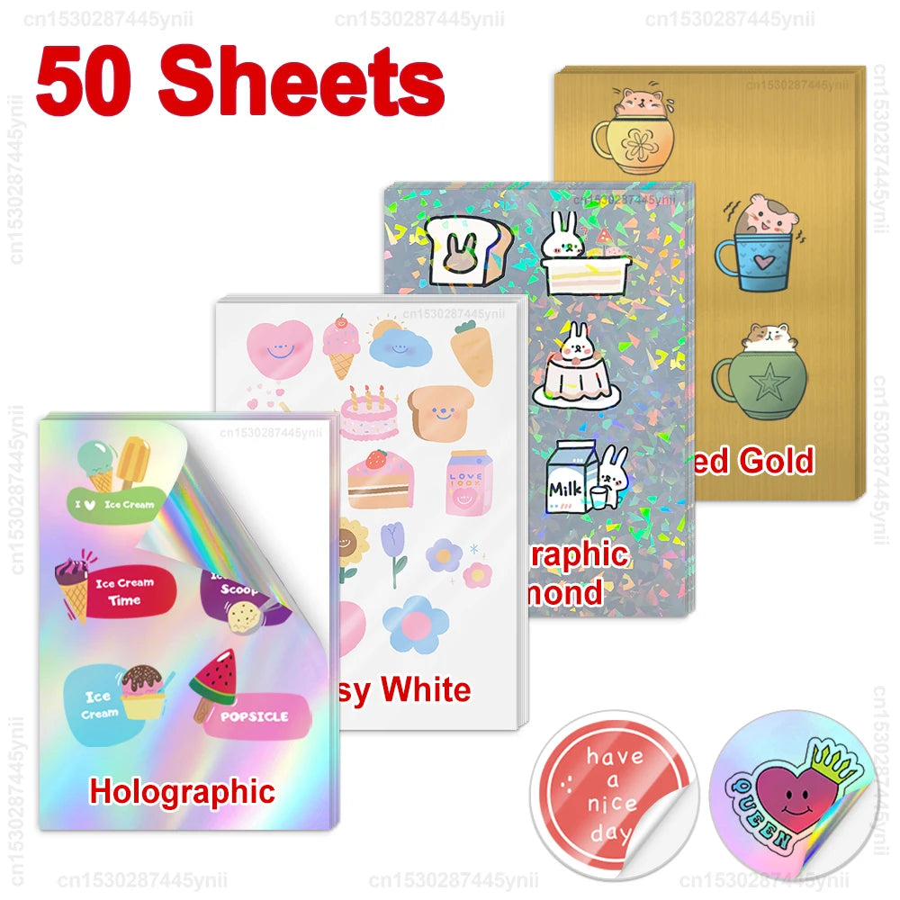 30Sheets/50Sheets Printable Vinyl Sticker Paper Self-adhesive A4 Glossy White Half Transparent Copy Paper for All Inkjet Printer
