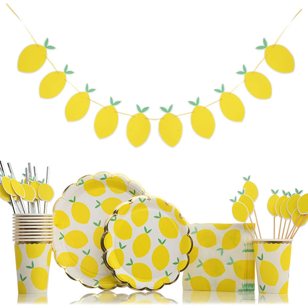 Lemon Disposable Tableware Paper Cups Plates Cake Toppers for Summer Lemon Happy Birthday Pool Party Decoration DIY Cake Supply