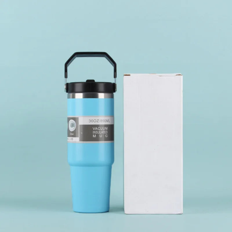 30OZ Portable Car Cup Stainless Steel Thermos Cup with Straw Travel Sports Water Bottle With Handle Cover Coffee Vacuum Flask