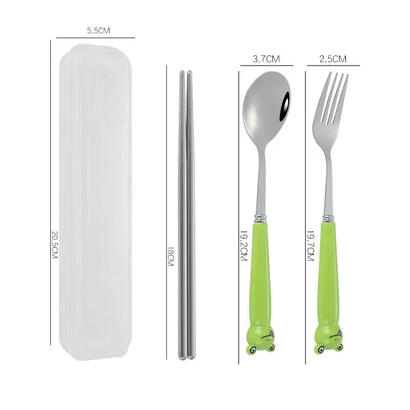 Cute Cartoon Travel Tableware with Case Portable Utensils Cutlery Set Reusable Flatware Silverware Include Fork Spoon with Case