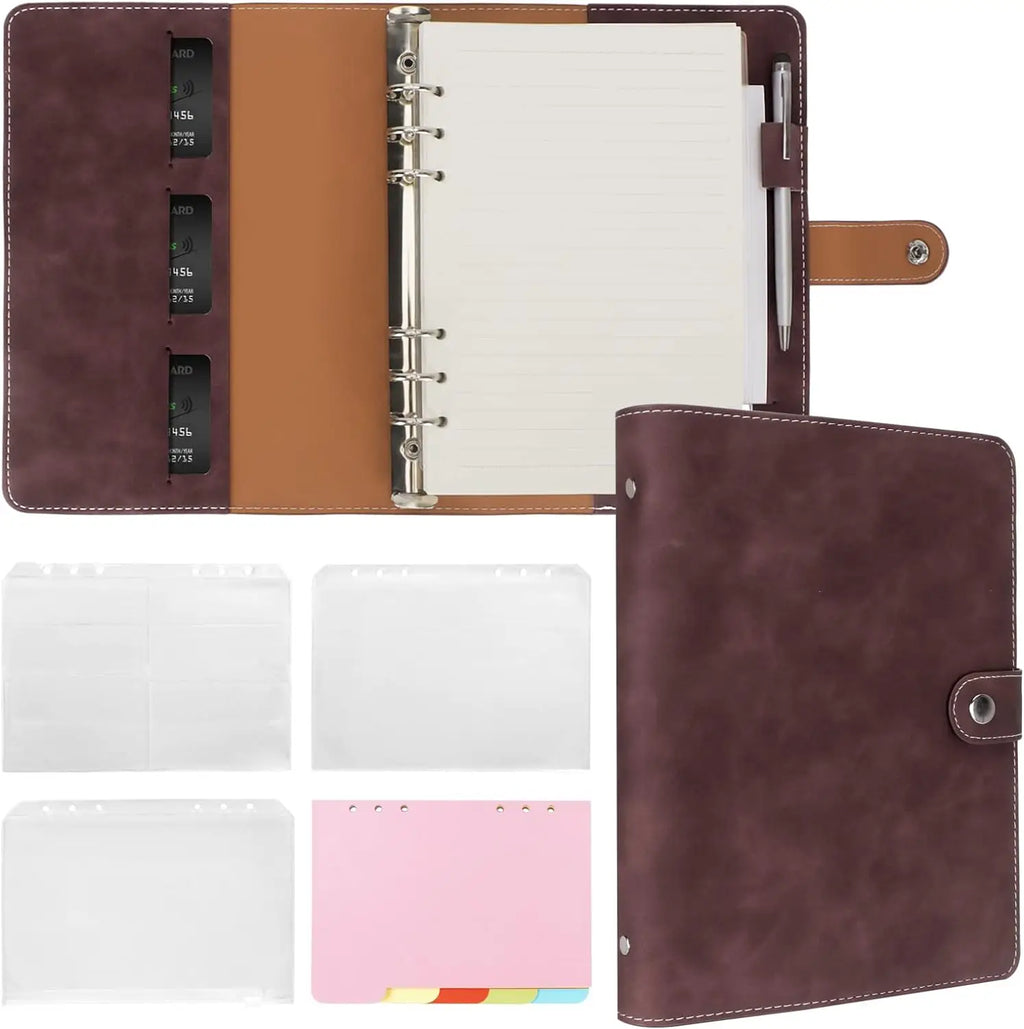 New Leather A5 Binder 6 Ring Binder Notebook - PU Leather Refillable Notebook with Binder Pockets, Dividers, Refill Paper