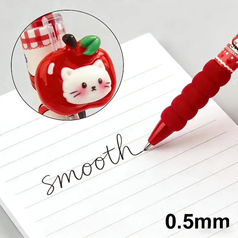 4Pcs Kawaii Apple Cat Gel Pen 0.5mm Black Ink Gel Pens Soft Grip Student Writing Pen Cute Stationery School Office Supplies