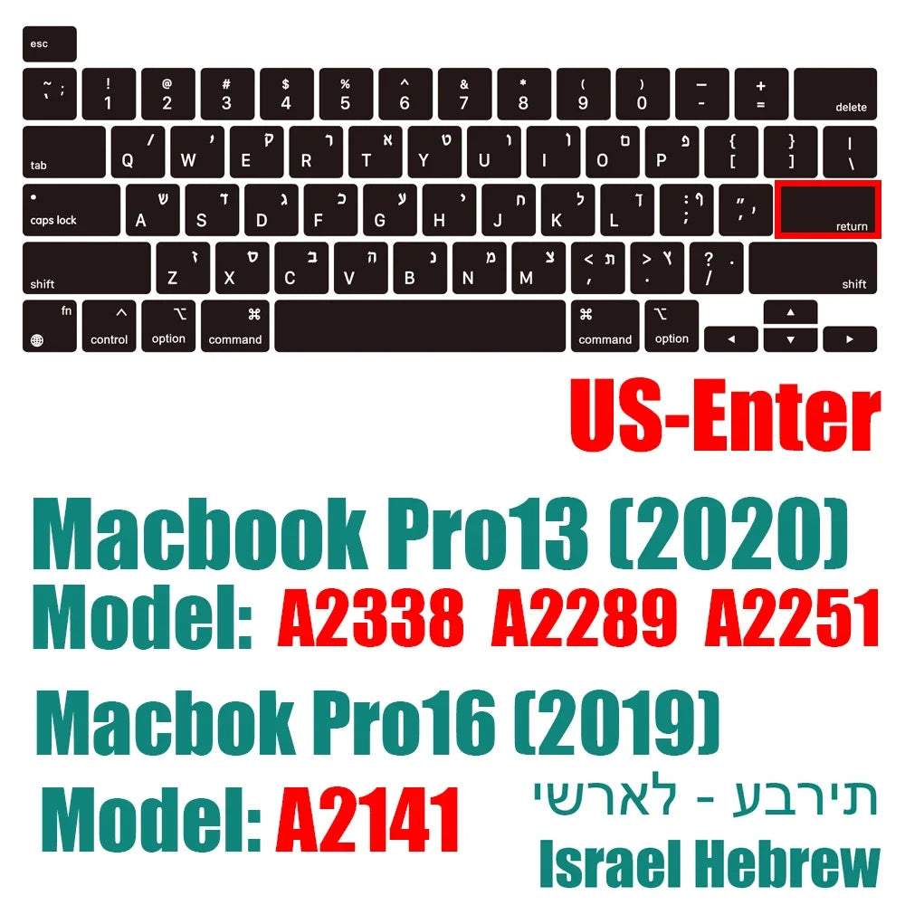 Hebrew Israel  Keyboard Cover for Macbook Pro14 A2442 Air13.6 M2 A2681 Pro13 M1 A2338 A2289 Waterproof Silicone protective film