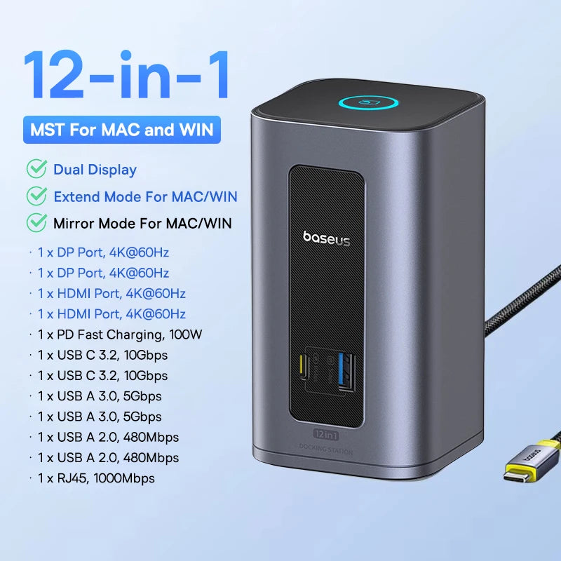 Baseus 11-IN-1 USB C HUB HDMI DP 4K@60Hz MST Triple Display USB 3.2 Splitter with RJ45 3.5mm Mic PD100W Magnetic Docking Station