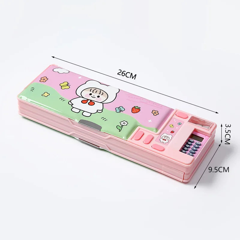 Built-in Calculator Plastic Stationery Box for Primary School Students Double-sided Open Pencil Case Creative Multi-functional