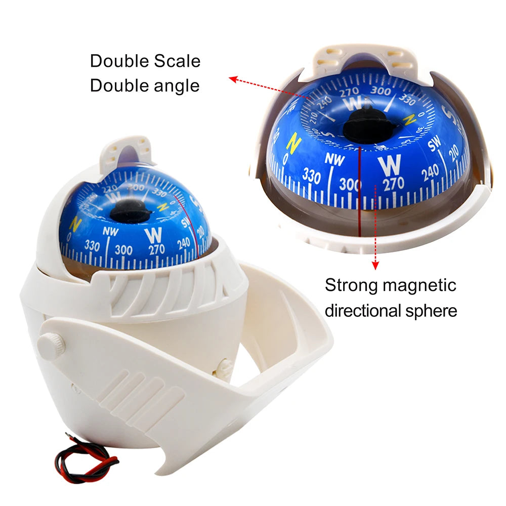 For Boat Yacht Car Waterproof Navigation Compass With Electronic LED Light White/Black Marine Sea Pivoting Marine Compass
