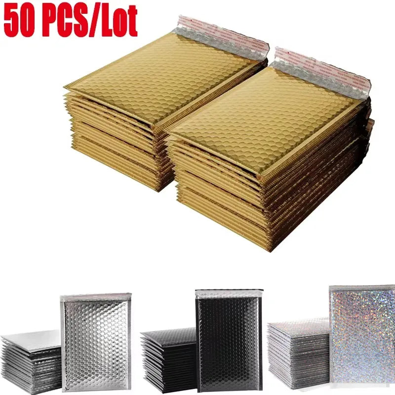 50PCS Aluminized Film Bubble Mailer Gold Mailing Envelope Waterproof Courier Bag Padded Bubble Envelopes Pack Bag for Shipping