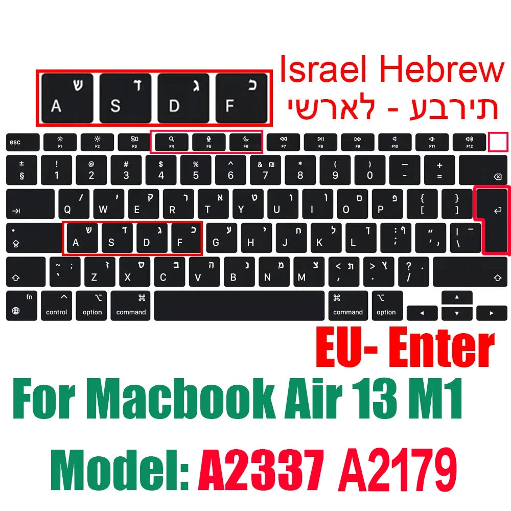 Hebrew Israel  Keyboard Cover for Macbook Pro14 A2442 Air13.6 M2 A2681 Pro13 M1 A2338 A2289 Waterproof Silicone protective film