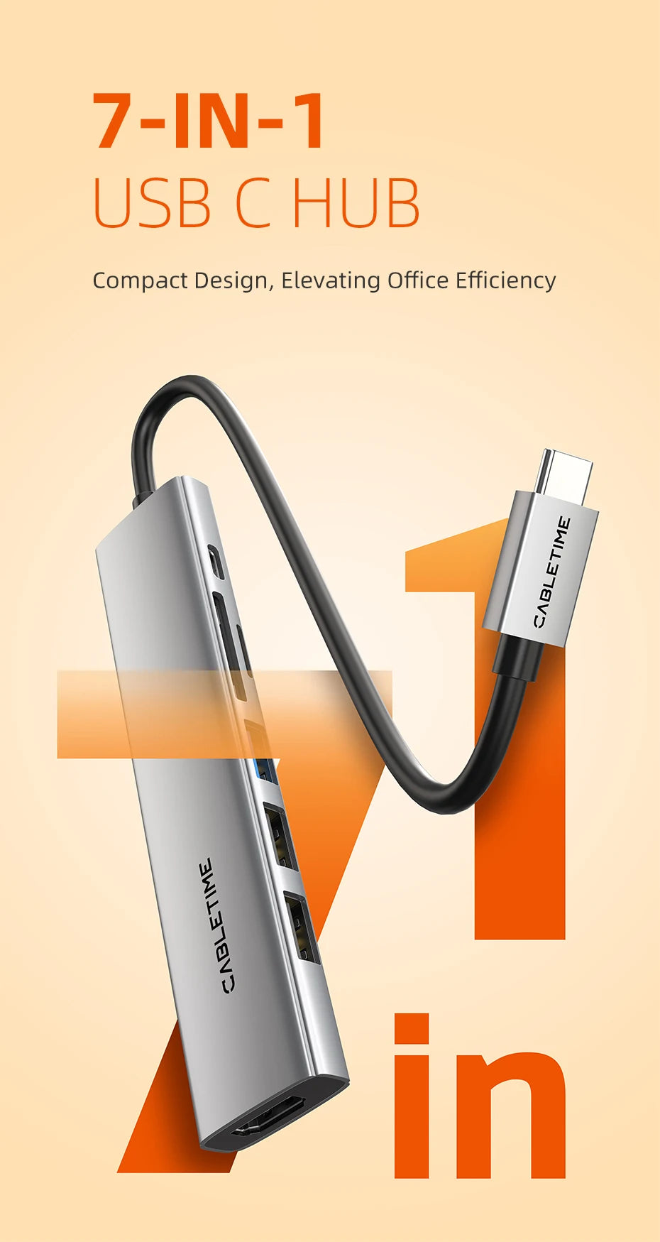 CABLETIME 7 IN 1 USB C HUB 4K@30Hz Resolution Display 5Gbps High Speed Data Transmission PD 100W Power for Laptop Macbook