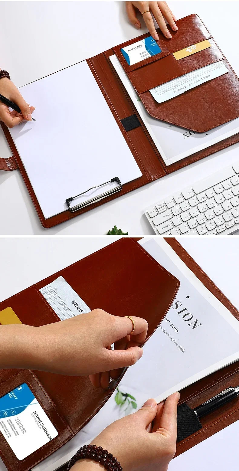 1PC A4 Size Texture PU Leather Multi-Functional Business Folder with Clip Pen Holder And Card Slots for Office Sales Bank Meetin