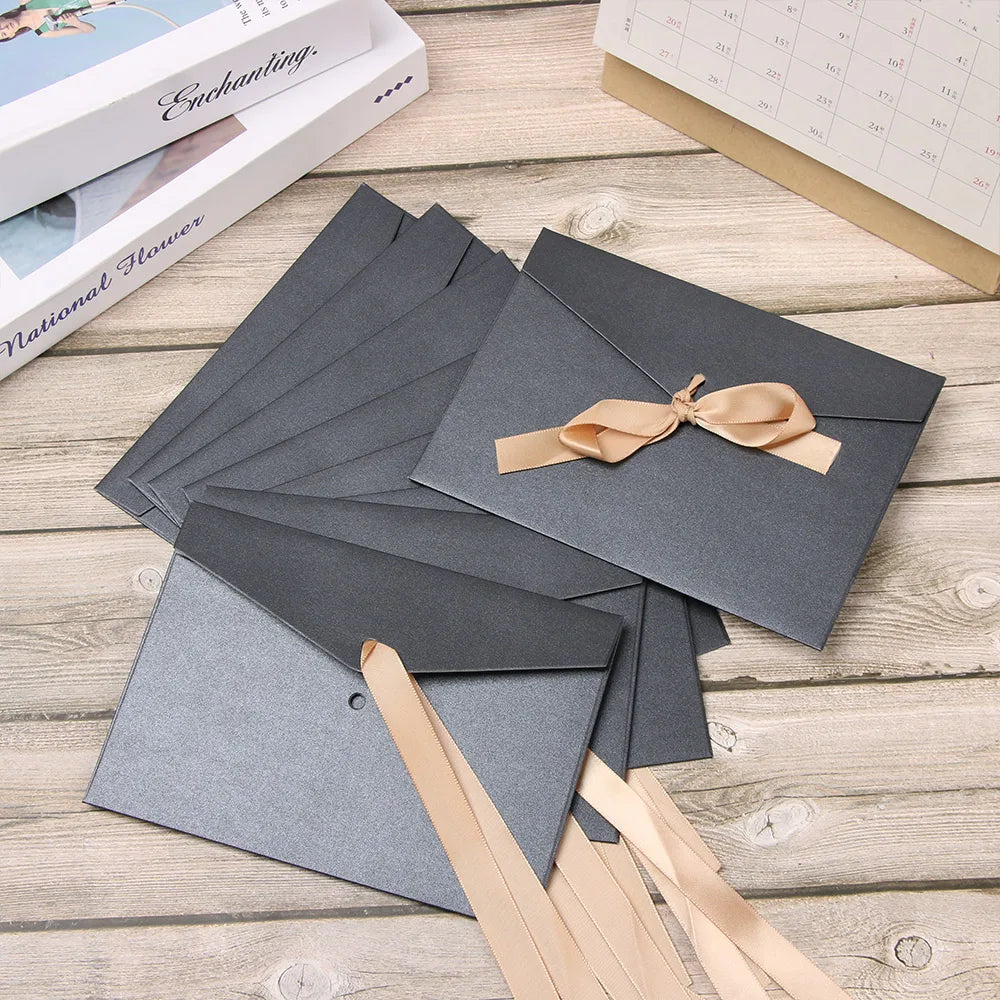 10Pcs Black Envelopes with Bow Ribbon Creative Black Greeting Card Bags Pearlescent Paper Envelop Wedding Invited Card Envelopes
