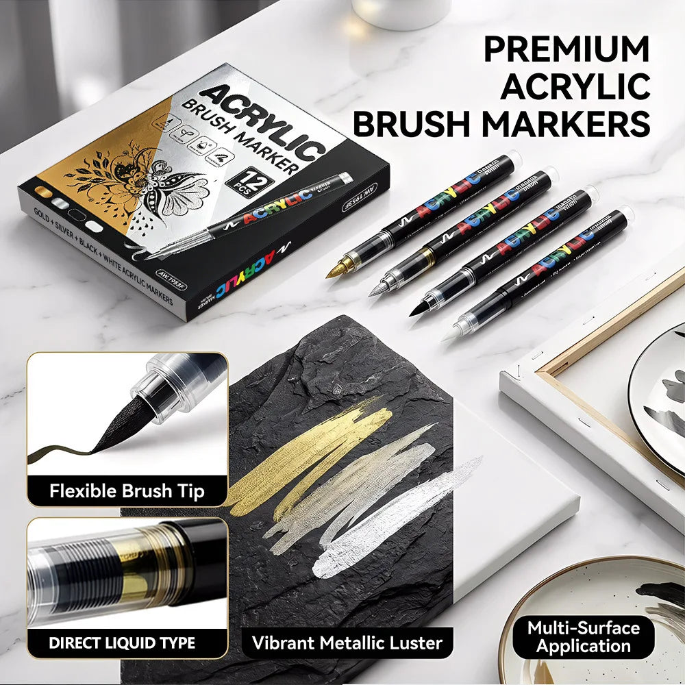 12 Pcs Black and White/Gold and Silver Acrylic Paint Markers Set, Large Ink Capacity, Skin Color Brush Markers Pen Art Supplies